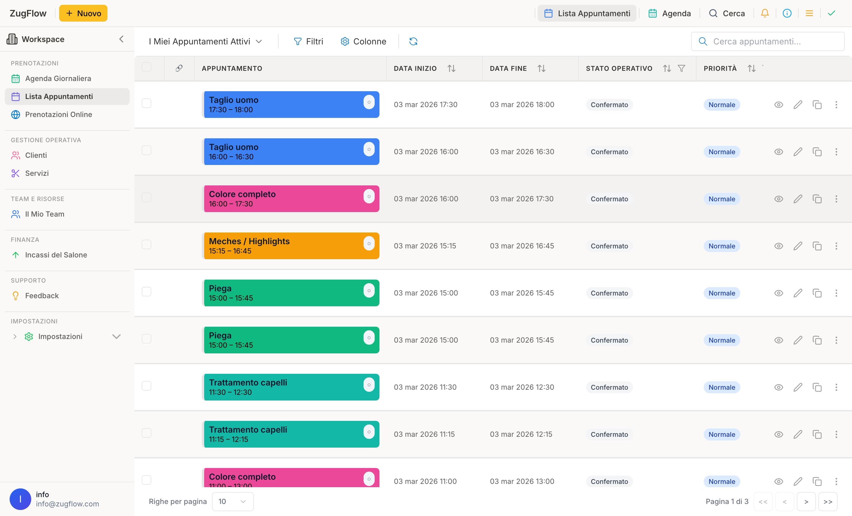 Lista appuntamenti ZugFlow